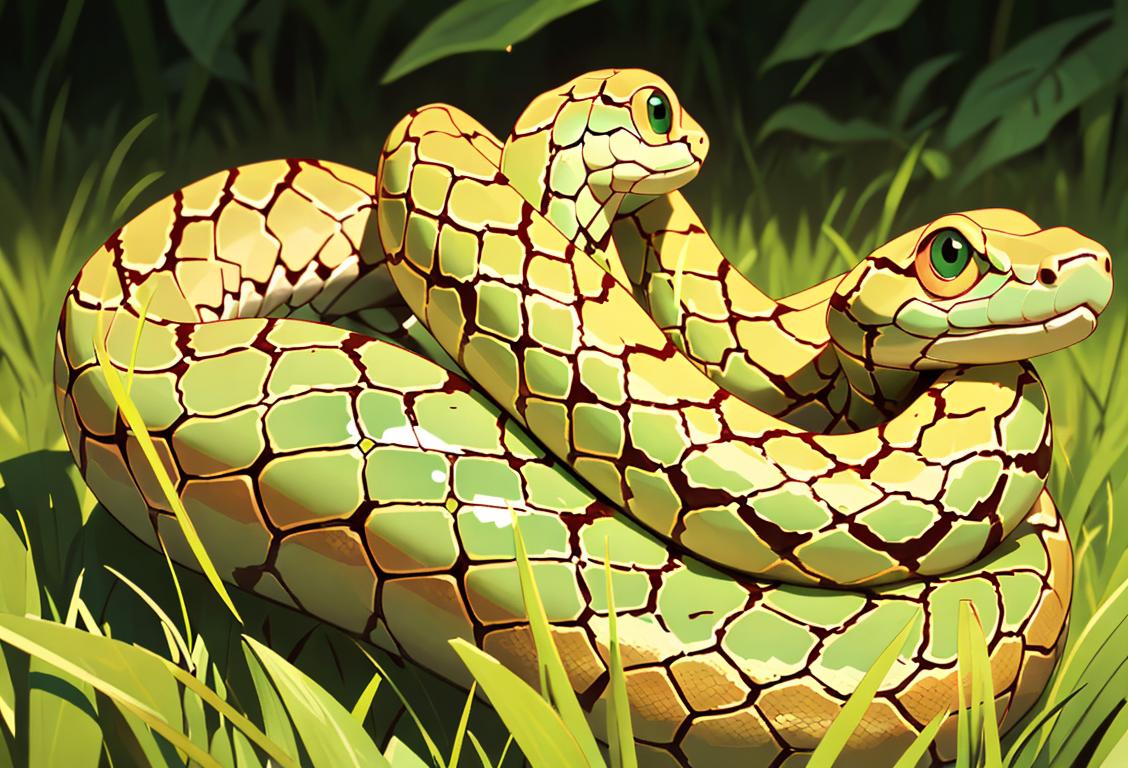 Close-up of a snake slithering through green grass, with vibrant patterns on its skin, in a nature setting..