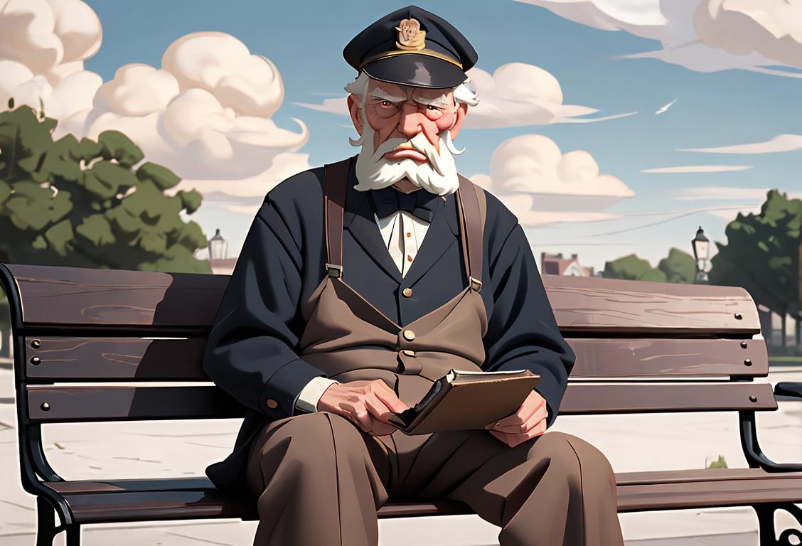 Elderly man with a stern expression, wearing suspenders and a newsboy cap, sitting on a park bench on a cloudy day..