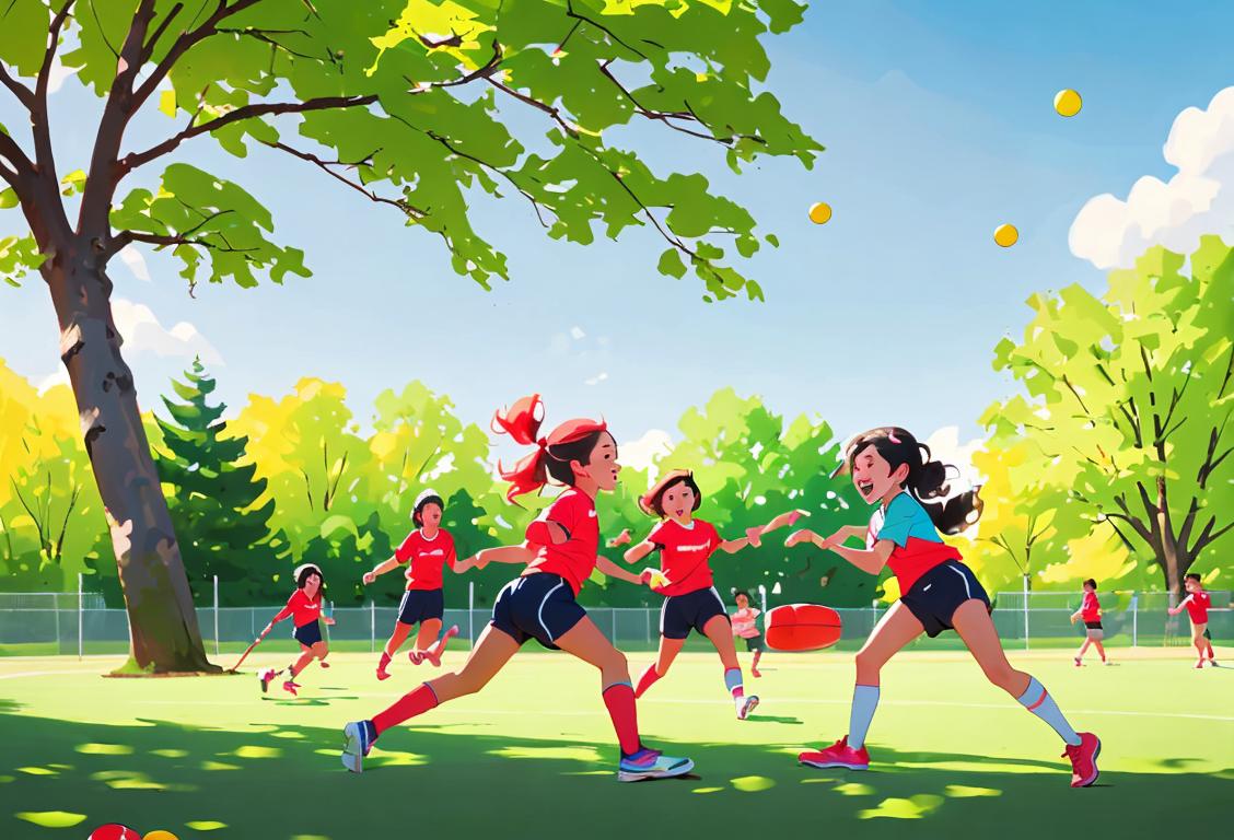 Young friends playing sports and having fun outdoors, wearing colorful athletic attire, surrounded by nature's vibrant beauty..