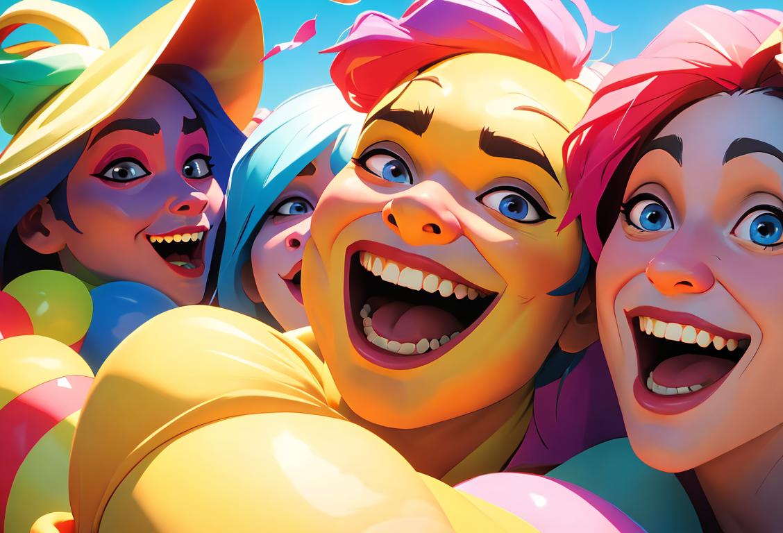 A group of friends laughing uproariously while wearing silly costumes in a colorful, carnival-like setting celebrating National Shane Lee Yaw Day.