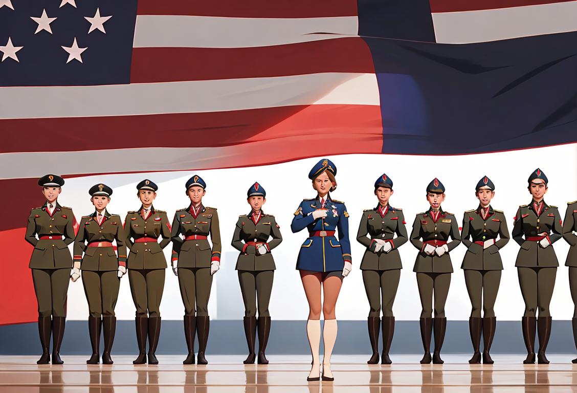 A brave man and woman, dressed in military uniform, standing in front of an American flag backdrop, with a diverse group of people behind them, showing unity and patriotism..