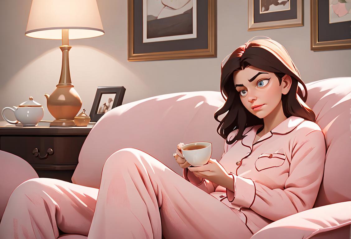A tired mom sitting on a comfy couch, wearing cozy pajamas, surrounded by pillows and a warm cup of tea..