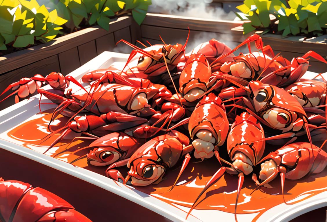 A group of friends wearing bibs and plastic gloves, gathered around a table piled high with steaming crawfish, smiling and laughing in a festive outdoor setting..