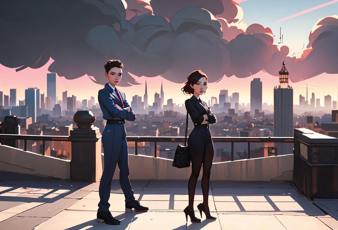 Young individuals celebrating victory, dressed in trendy attire, striking a confident pose, urban cityscape backdrop..