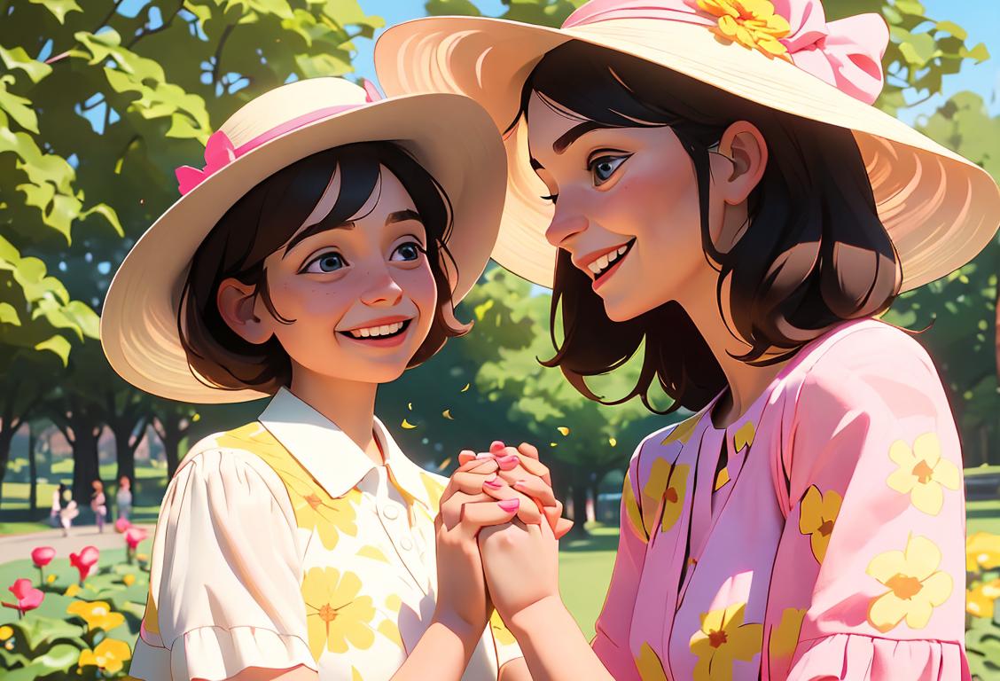 A heartwarming image of a mother and daughter enjoying a bright sunny day in a park, dressed in matching outfits. They are laughing and holding hands while surrounded by blooming flowers. The daughter is wearing a cute floral dress with a bow in her hair, and the mother is wearing a stylish sun hat and a flowing summer dress. The scene is filled with love and happiness, capturing the essence of National Daughters Day..