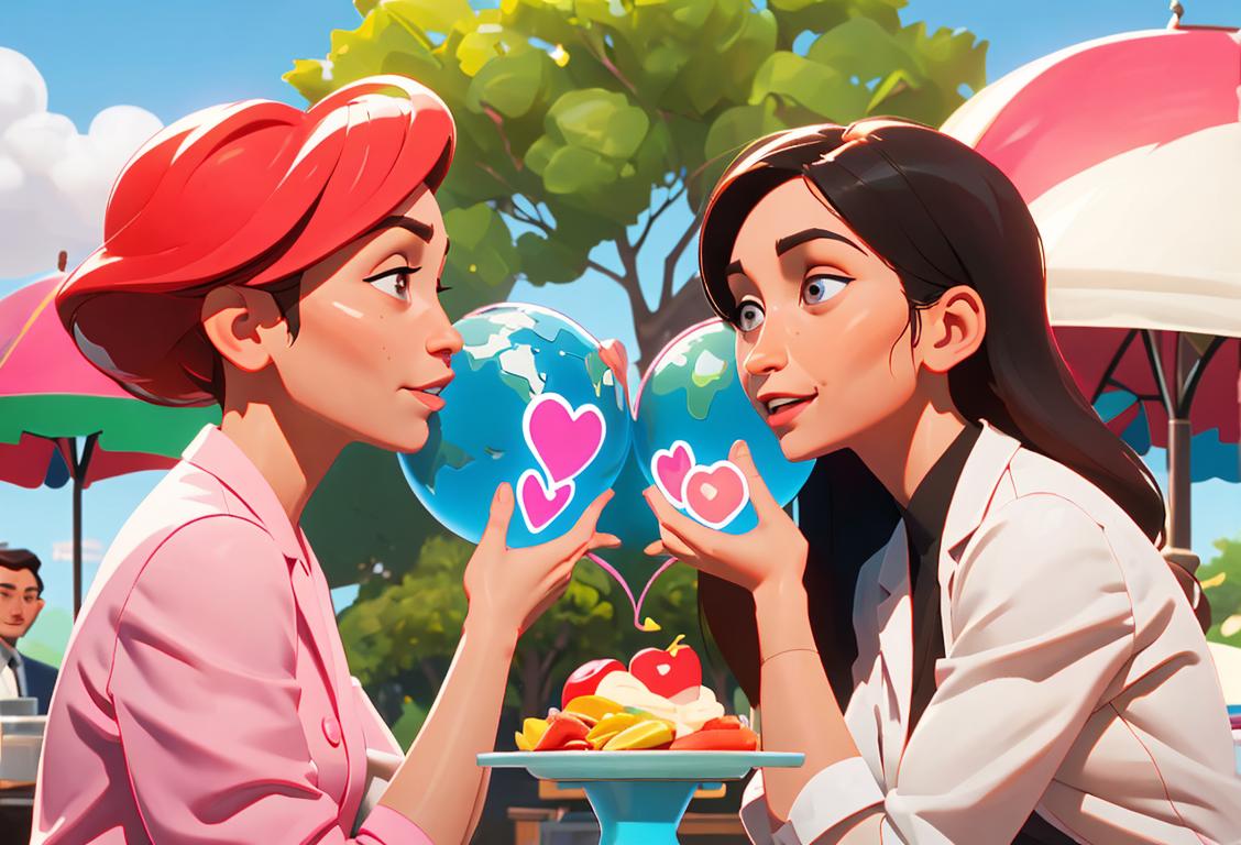 Cheerful group of diverse people wearing lab coats, holding a heart-shaped globe, outdoors in a park with healthy food stands in the background..