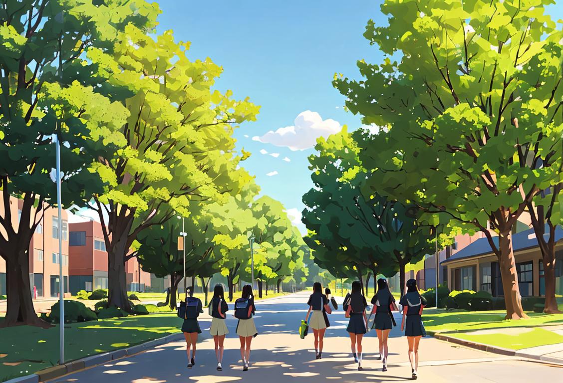 A diverse group of students peacefully walking out of school, holding signs with empowering messages, surrounded by a backdrop of green trees and blue skies..