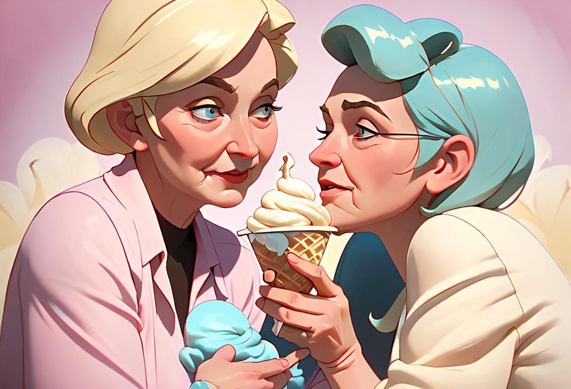 Sweet and nostalgic: A gorgeous grandma enjoying a scoop of vanilla ice cream, surrounded by loving family, with soft pastel colors and a vintage kitchen backdrop..
