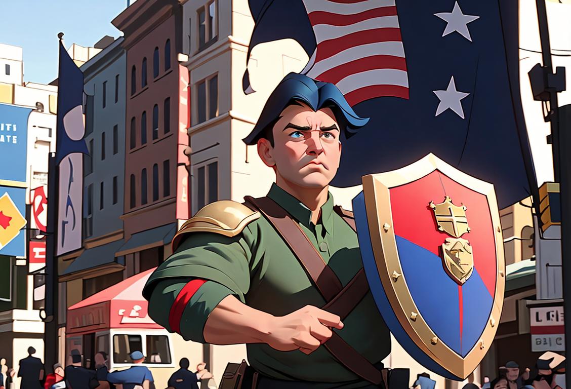 Brave defense officer, holding a shield, wearing a patriotic t-shirt, in a bustling city setting..