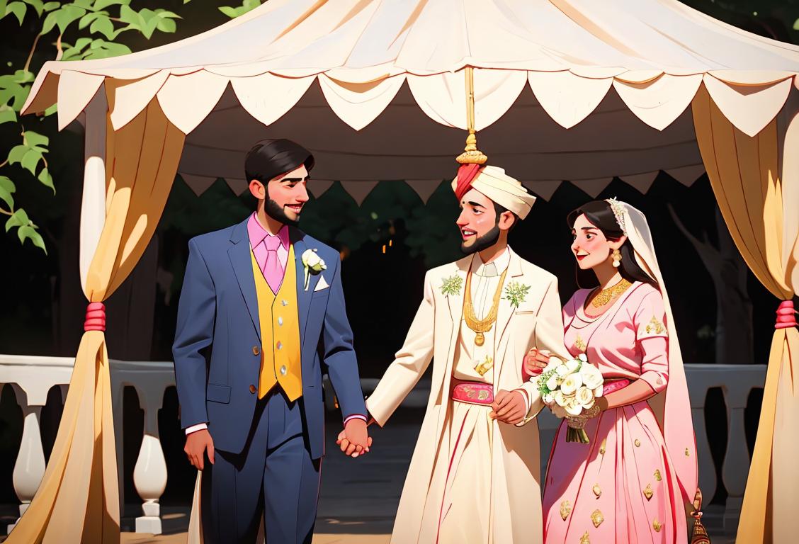 Young couple in traditional wedding attire, holding hands under a beautifully decorated canopy with cheerful family and friends celebrating around them..