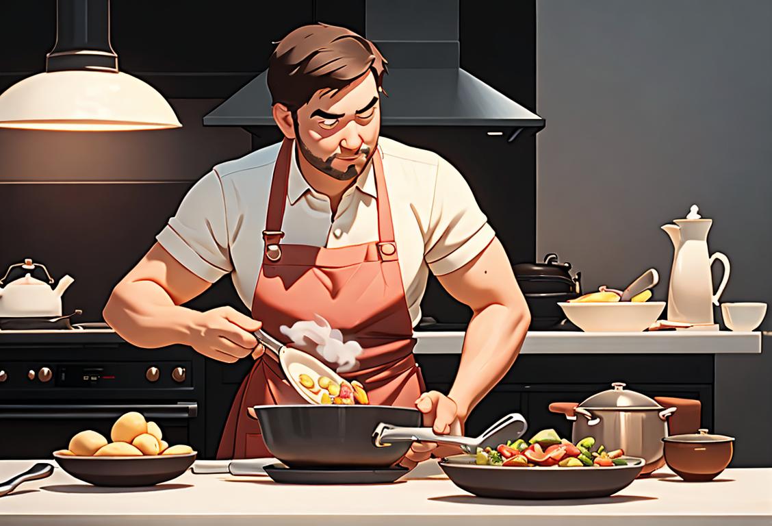 A person wearing an apron, holding a frying pan with steam rising from it, surrounded by bowls of ingredients and kitchen utensils..