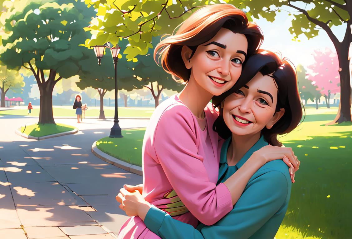 Smiling young woman hugging her aunt and uncle, dressed in casual outfits, enjoying a beautiful park scenery..