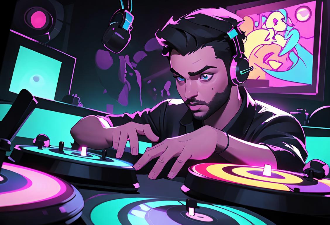 A DJ in front of a glowing turntable, wearing headphones and rocking a fresh street style outfit in a vibrant nightclub setting..