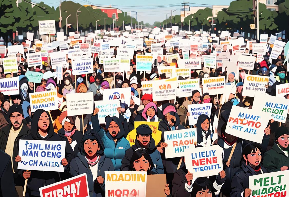 A diverse group of people marching together in a peaceful protest, holding signs advocating for social justice and equality, with MLK's portrait in the background..