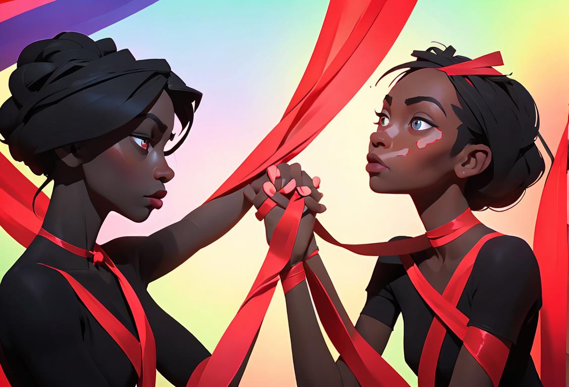 A diverse group of people of all ages, wearing red ribbons and holding hands, symbolizing unity and support, against a colorful backdrop of awareness ribbons..