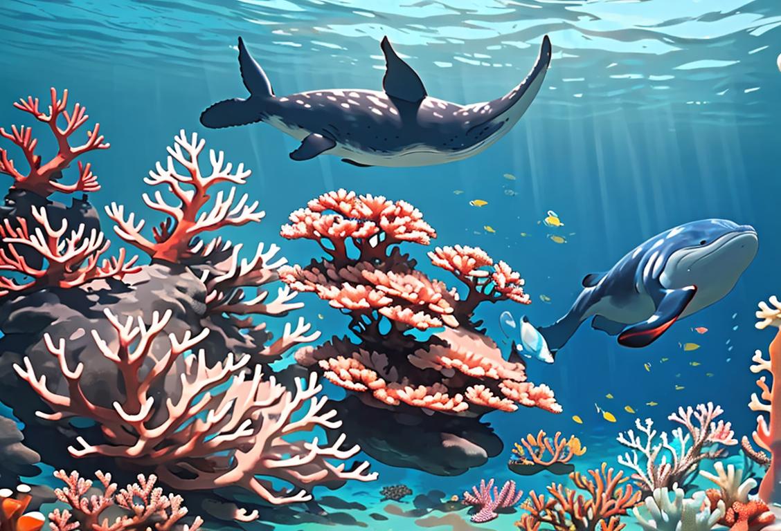 A family of whales gracefully swimming in crystal blue waters, surrounded by vibrant coral reefs and tropical fish..