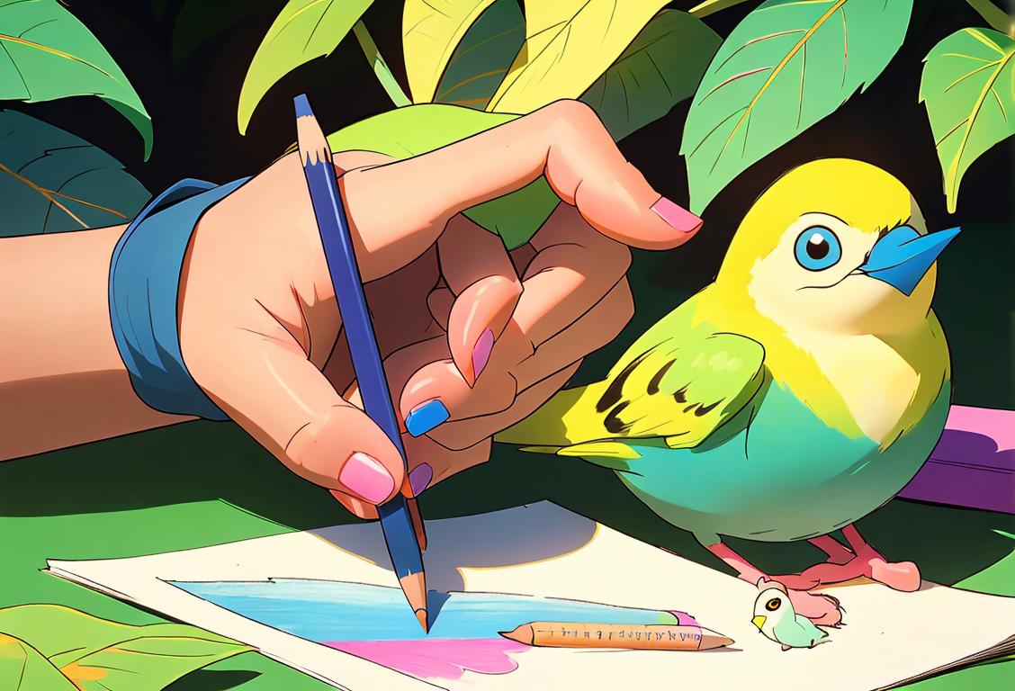 Young child holding a pencil, drawing a colorful bird surrounded by nature, happy and focused.