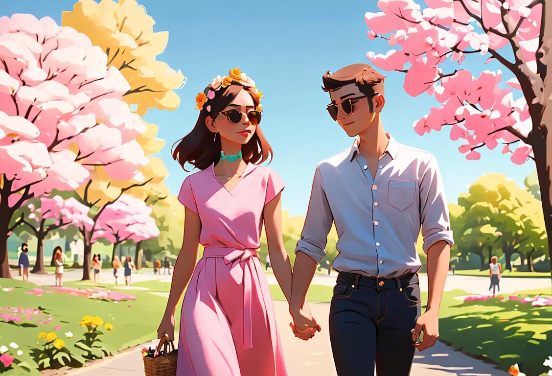Young couple in casual attire, holding hands while walking through a park, surrounded by blooming flowers and a sunny sky. The girl is wearing a flower crown and the guy is wearing trendy sunglasses..
