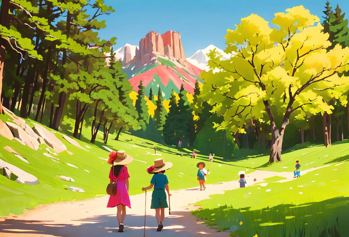 A family hiking through a beautiful national park, wearing colorful clothes and wide brimmed hats, exploring picturesque trails surrounded by nature..