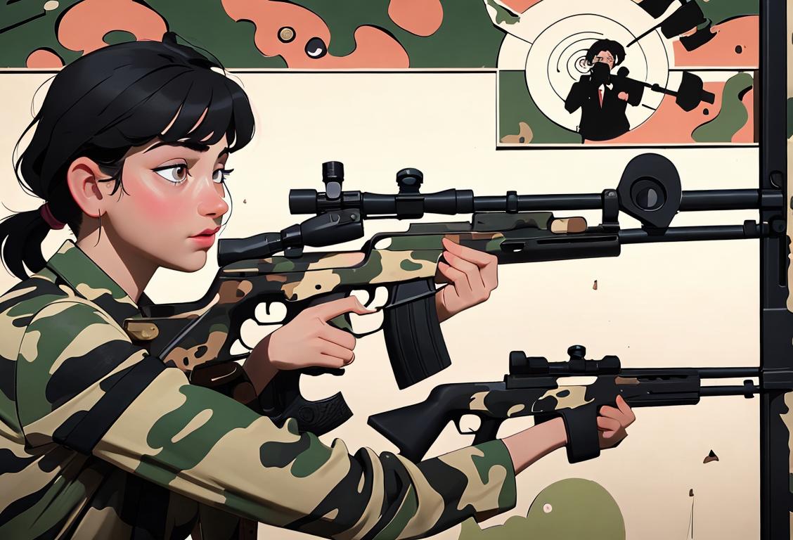 A group of gun enthusiasts at a shooting range, dressed in camouflage clothing, surrounded by Uzi themed decorations and targets..