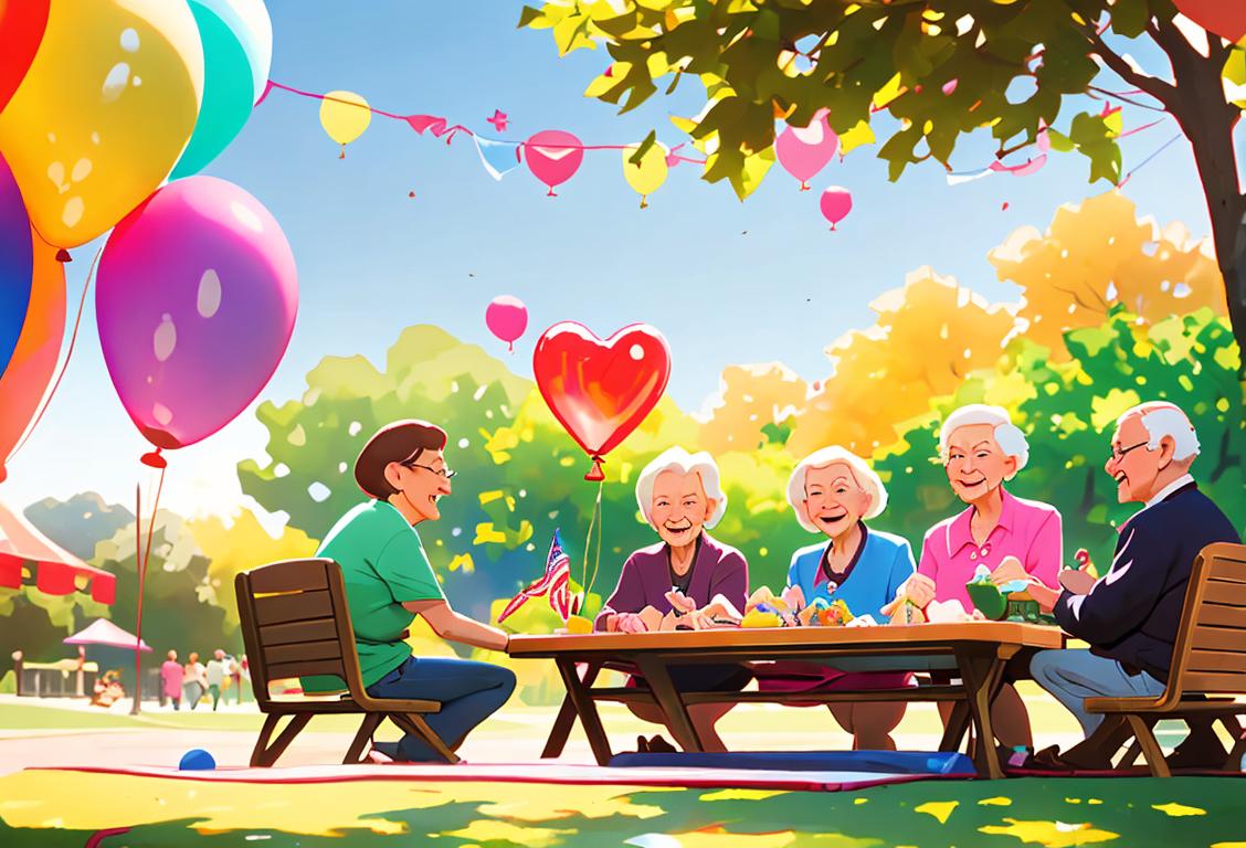 A group of smiling senior citizens enjoying a picnic in a sunny park, with colorful balloons and their favorite board games nearby..