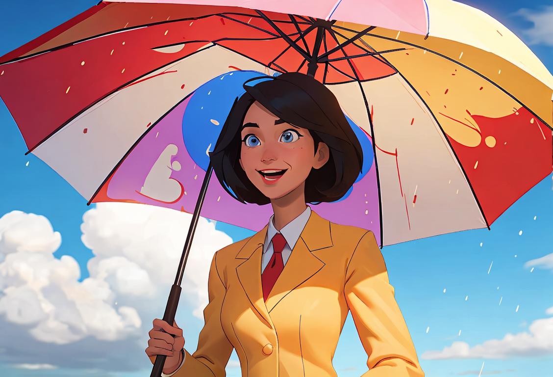 A cheerful weatherperson holding an umbrella, dressed in a professional suit, with a sunny backdrop and a weather map nearby..