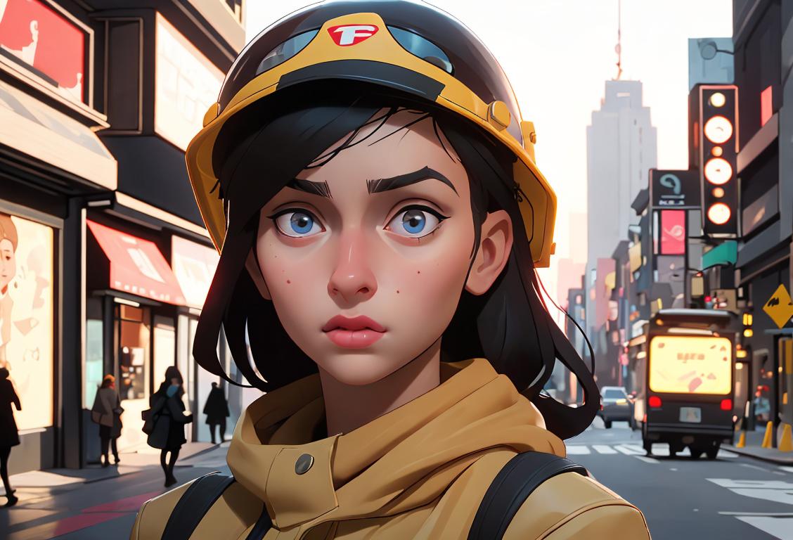 Young woman being extra cautious, wearing a safety helmet, checking her surroundings in a busy city street..