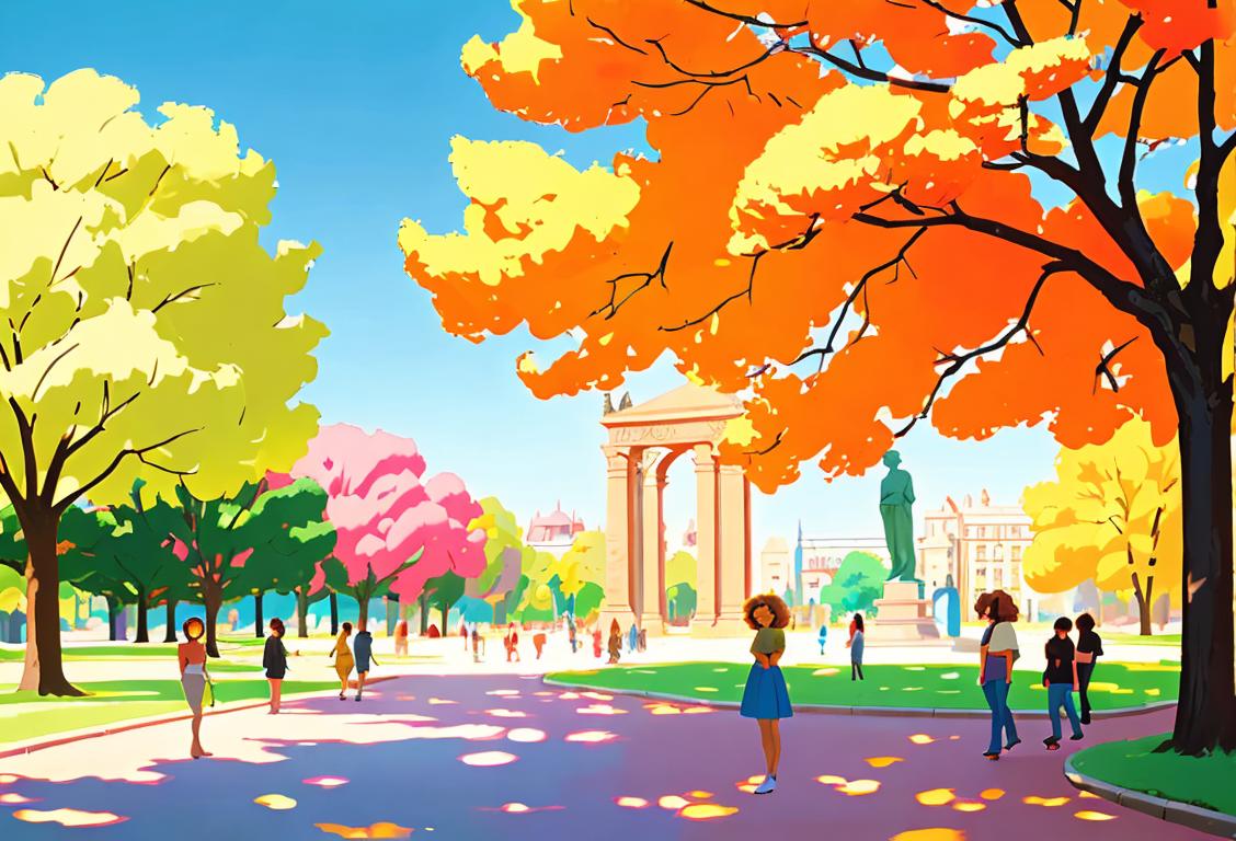 Group of diverse people exploring a national monument, 70s fashion, vibrant colors, sunny park setting..