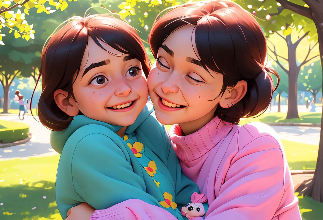 A heartwarming image of a sweet aunt/uncle and niece, enjoying a fun day together. The aunt/uncle is wearing a cozy sweater, embracing the joy of National Niece Day. The niece is wearing a cute dress, radiating with happiness. They are surrounded by a beautiful park scene, filled with blooming flowers and playful squirrels.