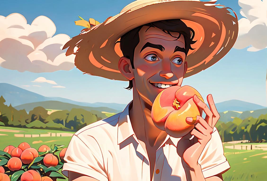 Happy young man holding a juicy Georgia peach, wearing a straw hat, classic Southern fashion, vibrant Georgia landscape..