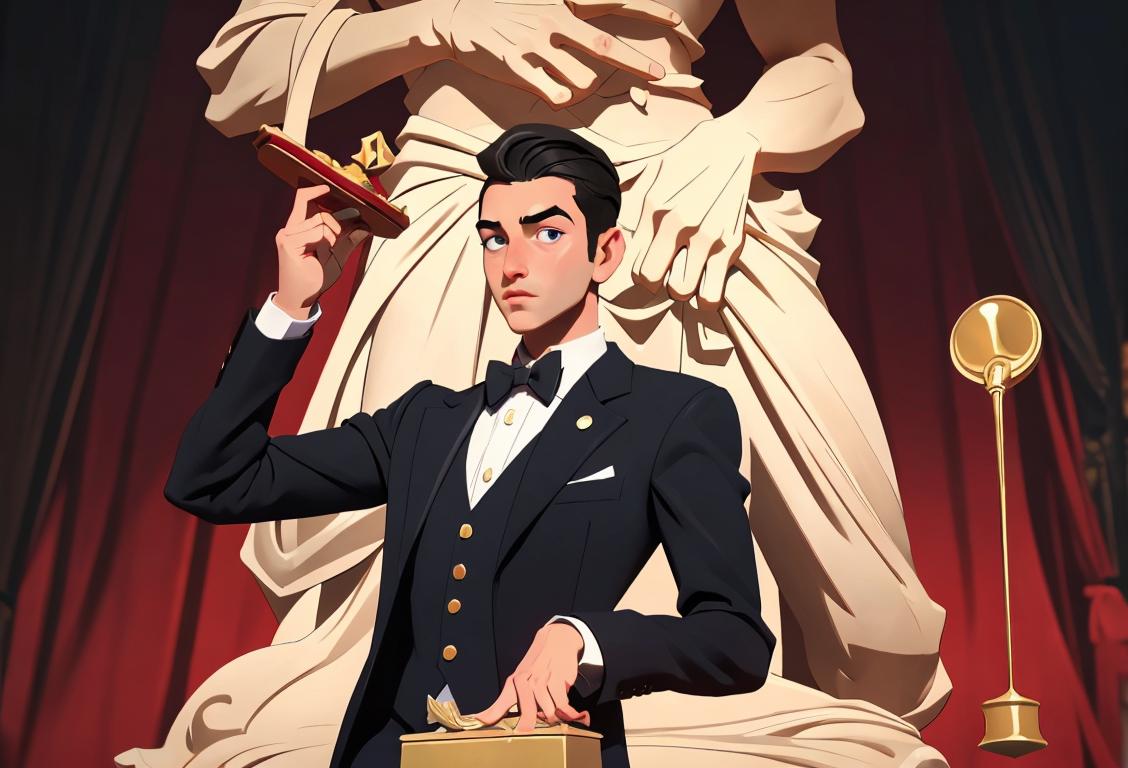 Young man, wearing a sharp suit, holding a gavel, justice-themed background, celebrating National Acquittal Day. .