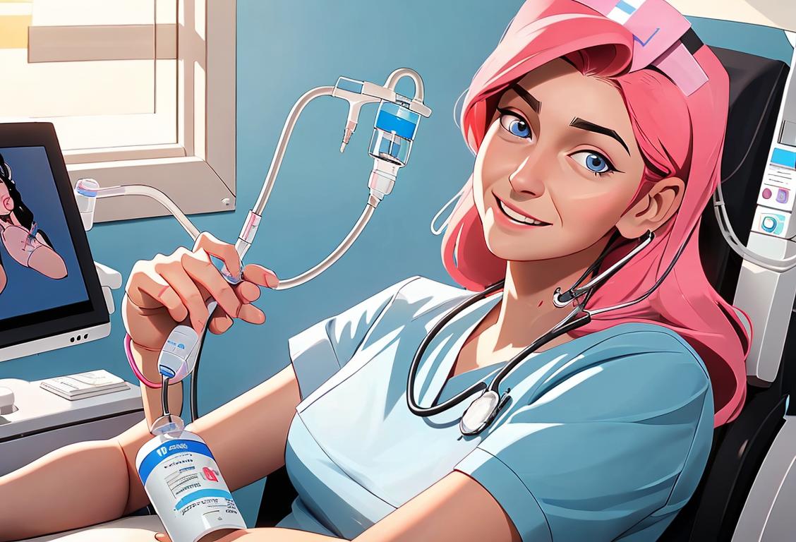 Cheerful nurse in scrubs administering an IV to a patient, surrounded by medical equipment and a bright hospital setting..