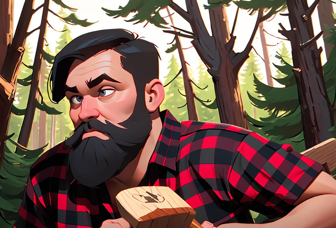 Young lumberjack in flannel shirt, with ax over shoulder in a lush forest, surrounded by trees..