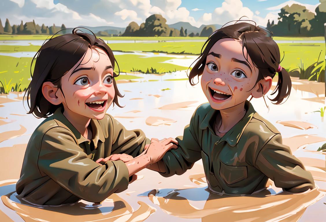 Children joyfully playing in a muddy field, covered in mud from head to toe, surrounded by nature and smiling brightly..