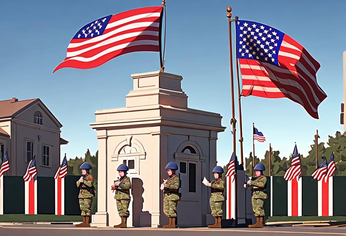 National Guard soldiers in uniform, standing tall and protecting a voting station, with American flags waving in the background..