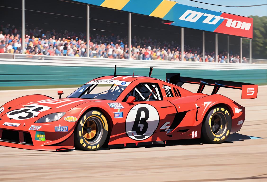 Exciting race cars zooming past a cheering crowd, with drivers wearing stylish racing suits, surrounded by a vibrant race track atmosphere..