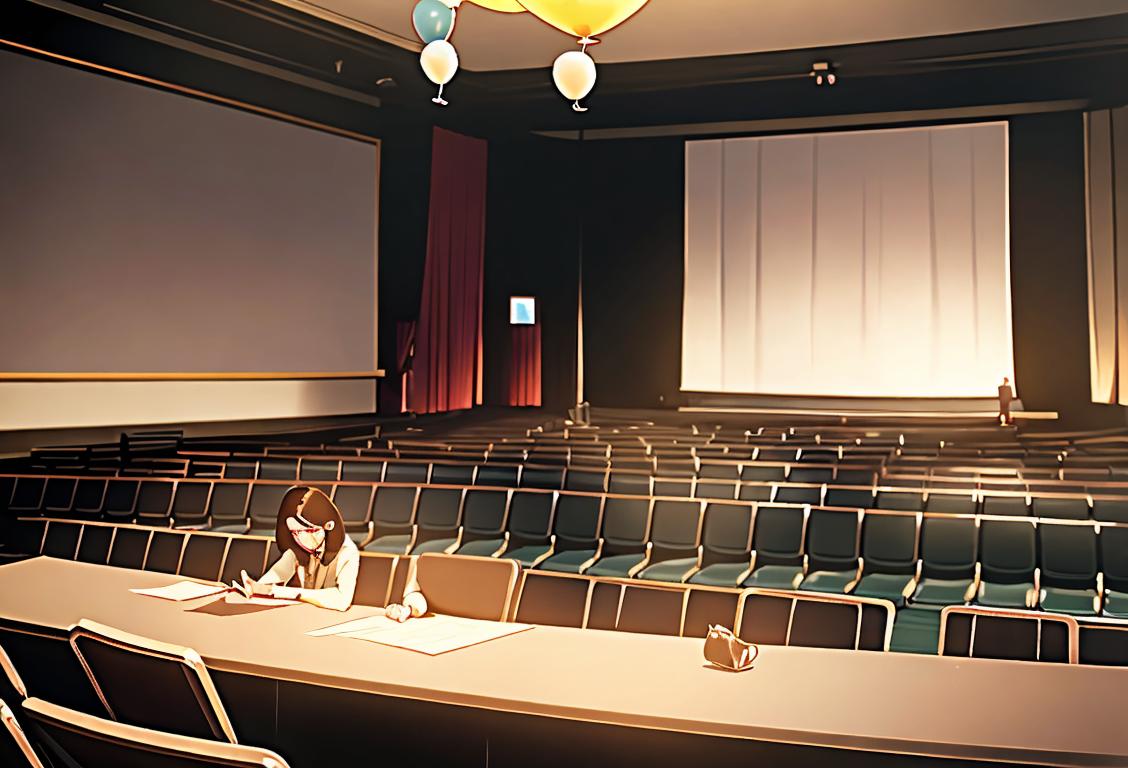 Young adults signing a mock contract, dressed in professional attire, in a school auditorium decorated with banners and balloons..
