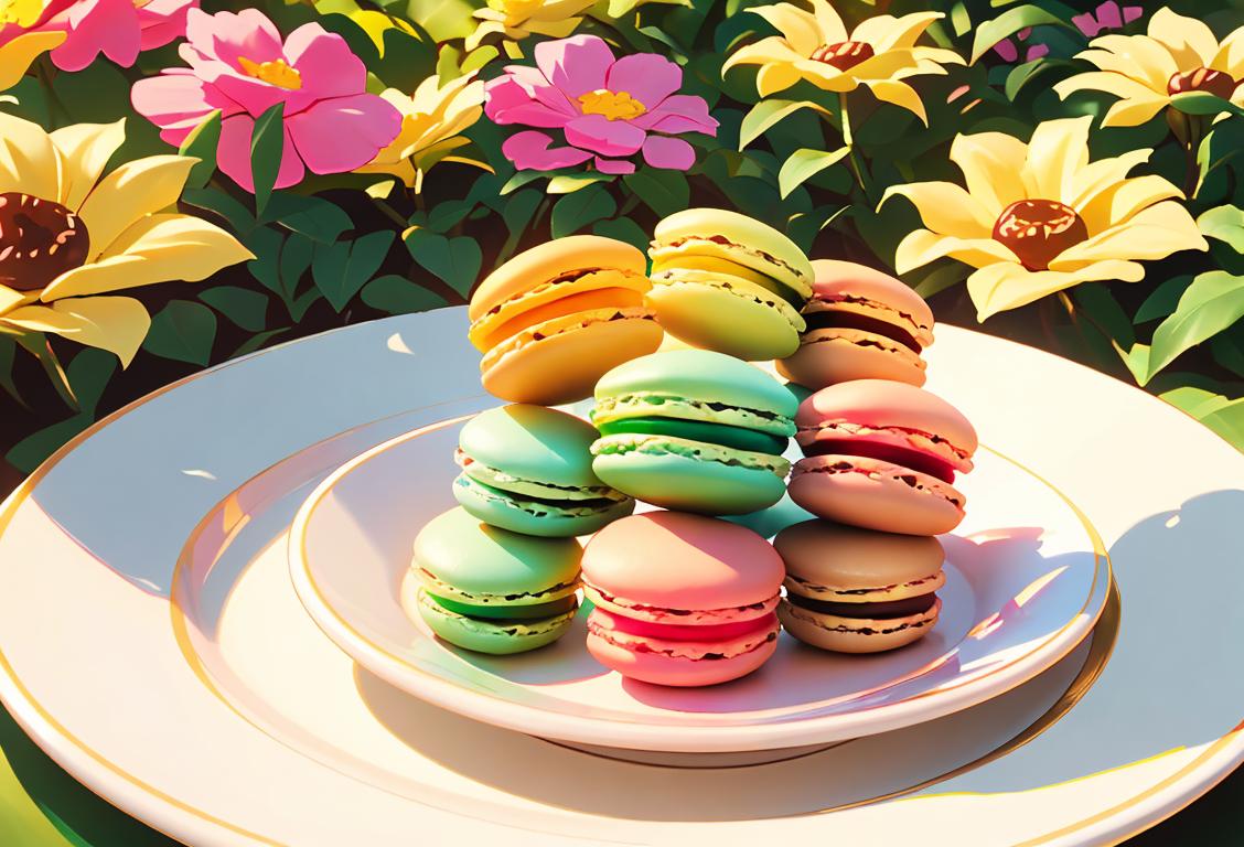 A person joyfully holds a plate filled with macaroons, surrounded by vibrant flowers in a sunny garden..