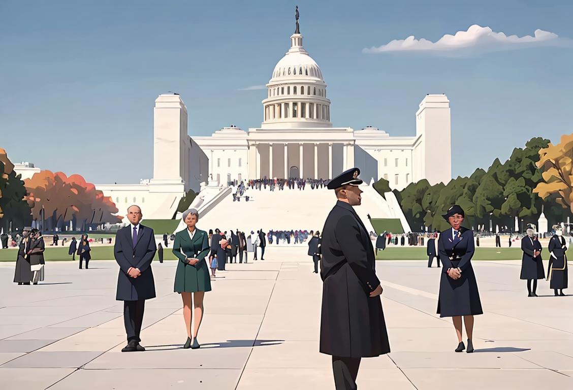 A diverse group of people gathered on the National Mall, dressed in elegant attire, representing the peaceful transfer of power throughout history..