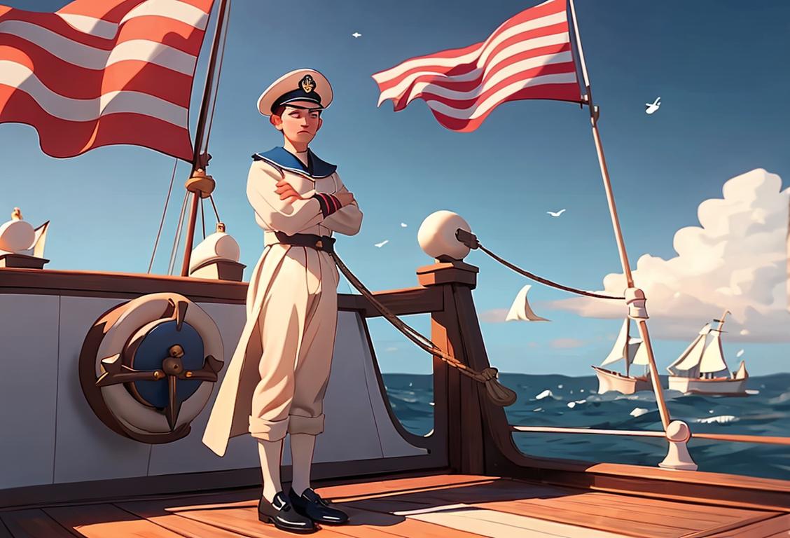 Young sailor with a nautical hat, standing on a captivating ship deck, surrounded by maritime flags and lifebuoys..