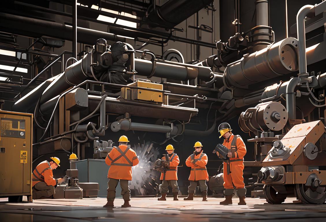 A group of engineers in safety gear, standing in front of a massive industrial machinery, with sparks flying and a backdrop of a busy factory floor..