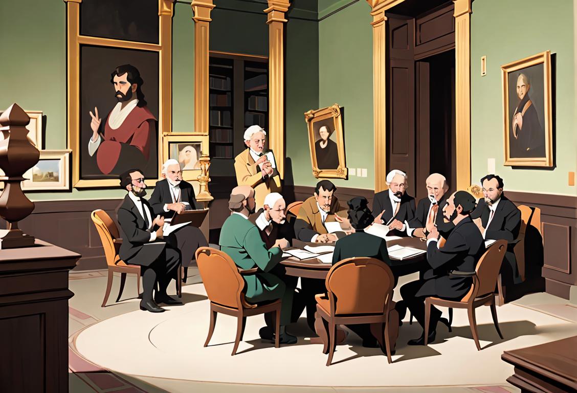 A group of diverse individuals sitting in a library, engrossed in deep discussions, wearing academic attire and holding books, surrounded by classical art..