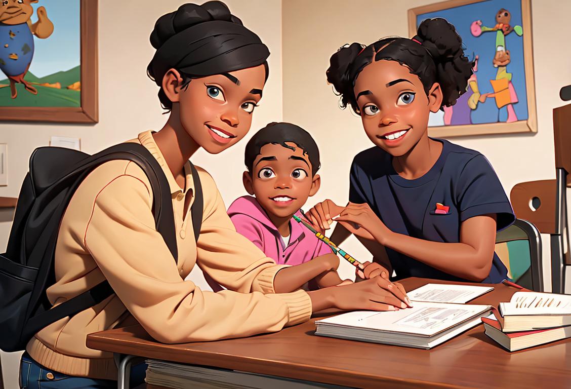 African American parents holding hands with their children, gathered in a school setting, with books, pencils, and backpacks, smiling and showing support..