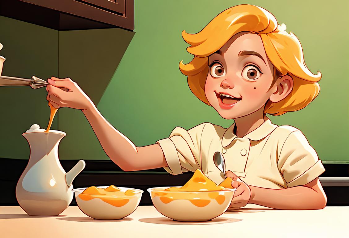 A joyful child enjoying a bowl of tapioca pudding, wearing a vintage-inspired outfit, kitchen setting with colorful retro decor..