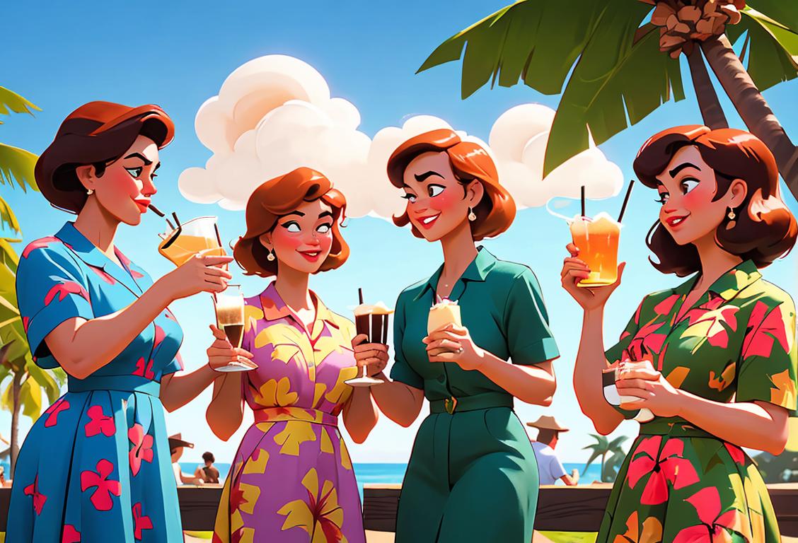 A group of friends raising glasses, one wearing a vintage dress, another in a Hawaiian shirt, and a third holding a frothy mug, celebrating National Beverage Day in a park..