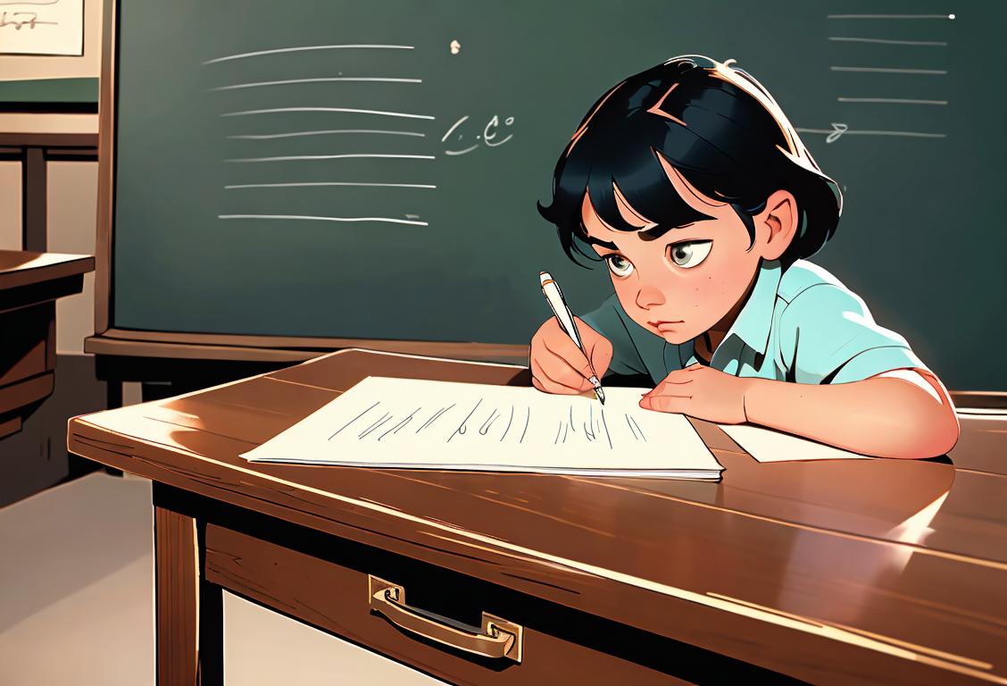 Young child holding a pen, concentrated expression, surrounded by vintage stationery. School setting with wooden desk and chalkboard in the background..