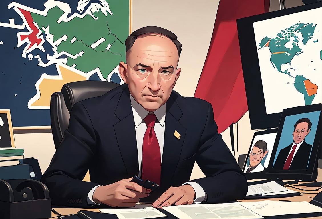 A national security adviser in a busy office talking on multiple phones, wearing a professional suit, surrounded by flags and maps..