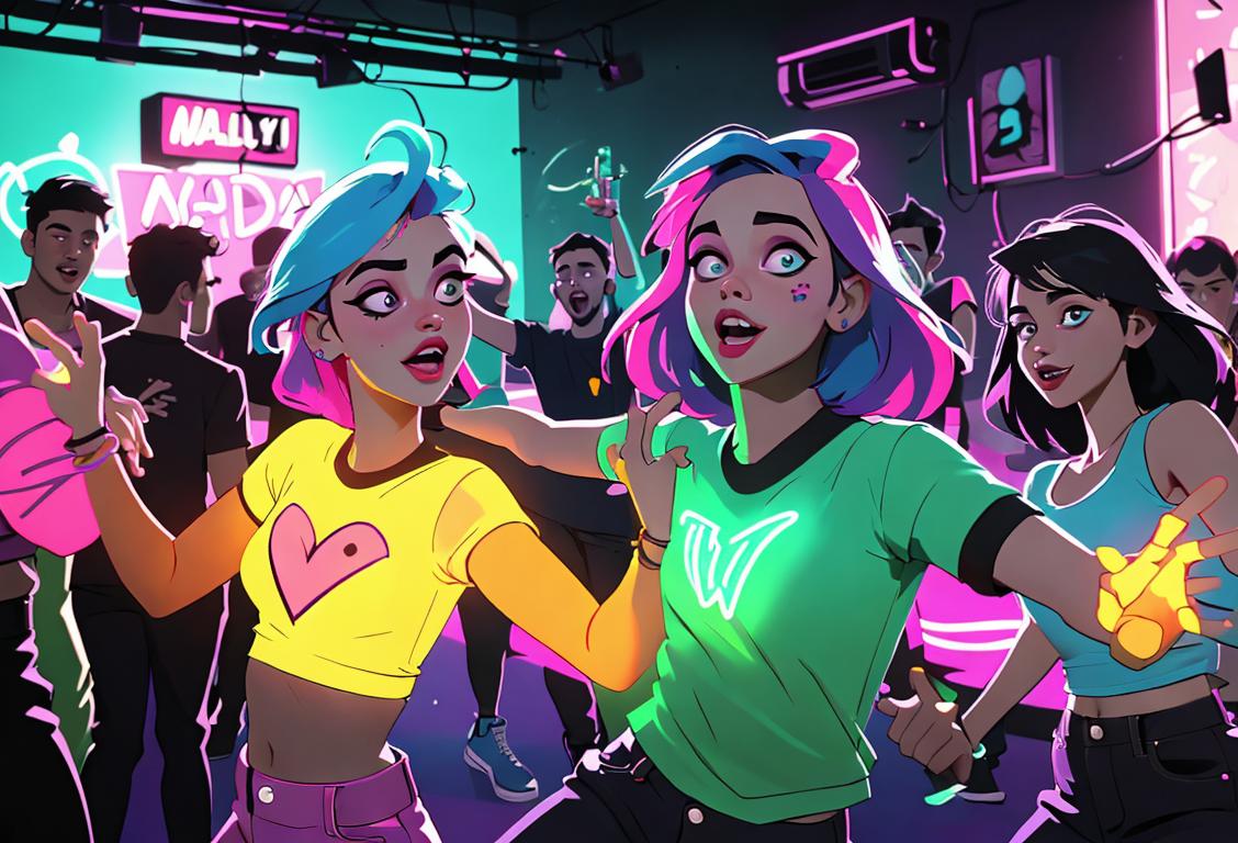 A group of young adults dancing and having fun at a vibrant, neon-lit nightclub, wearing stylish party outfits, celebrating National walwal Day..