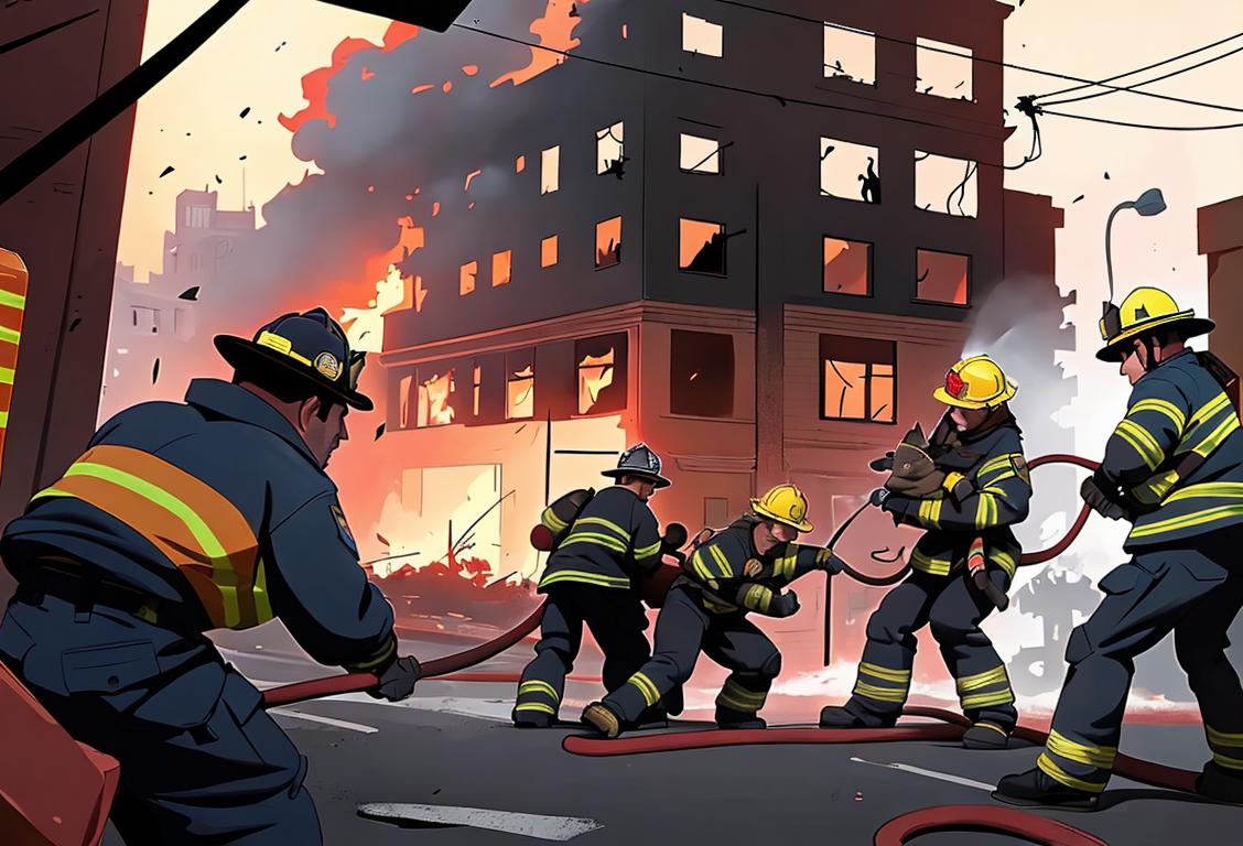 A group of firefighters in full gear, saving a cat from a burning building, with determination and bravery in their eyes. Scene: Urban city backdrop, heroic action..