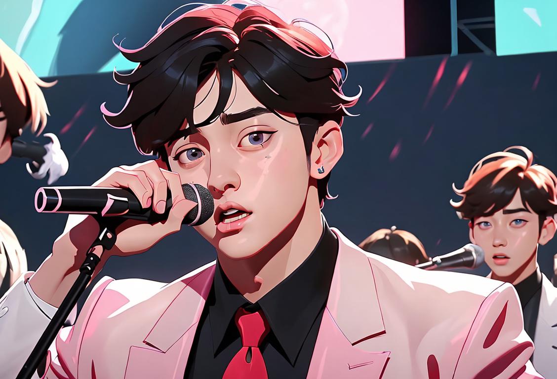 Jungkook, the talented musician from BTS, surrounded by adoring fans, rocking a stylish outfit on a vibrant K-pop stage..